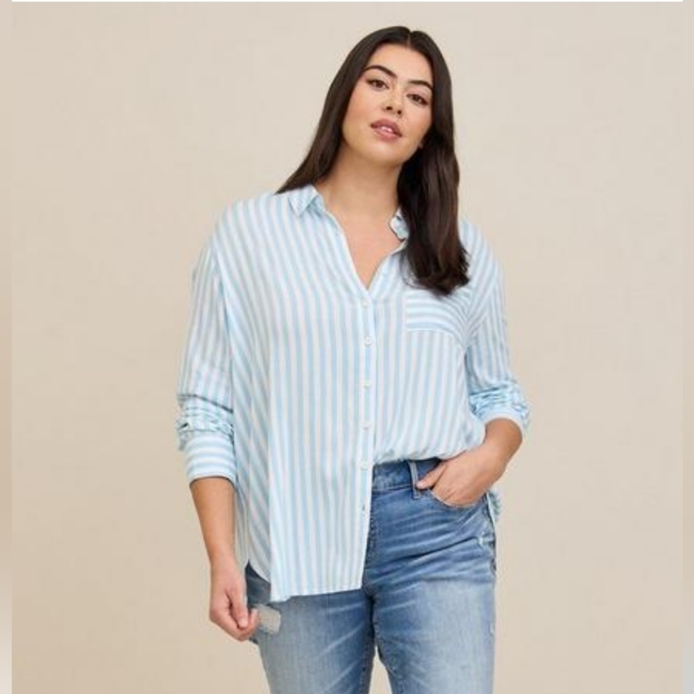 Torrid Women's Light Blue and White Rayon Crepe Button Up Long Sleeve Blouse